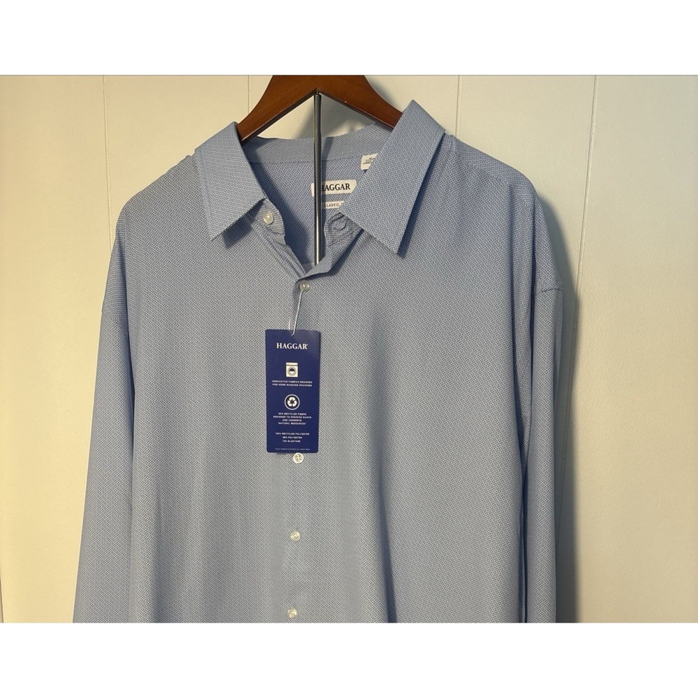 Haggar Mens Sz 20 34/35B Blue Long Sleeve Button Front Wrinkle Free New